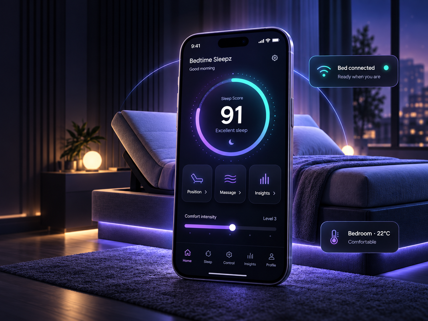 Bedtime Sleepz mobile app controlling an adjustable smart bed