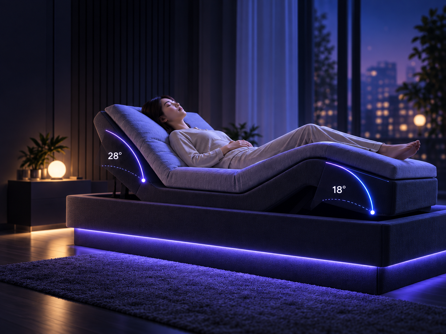Woman resting on a smart bed in zero-gravity position with head and leg angles shown