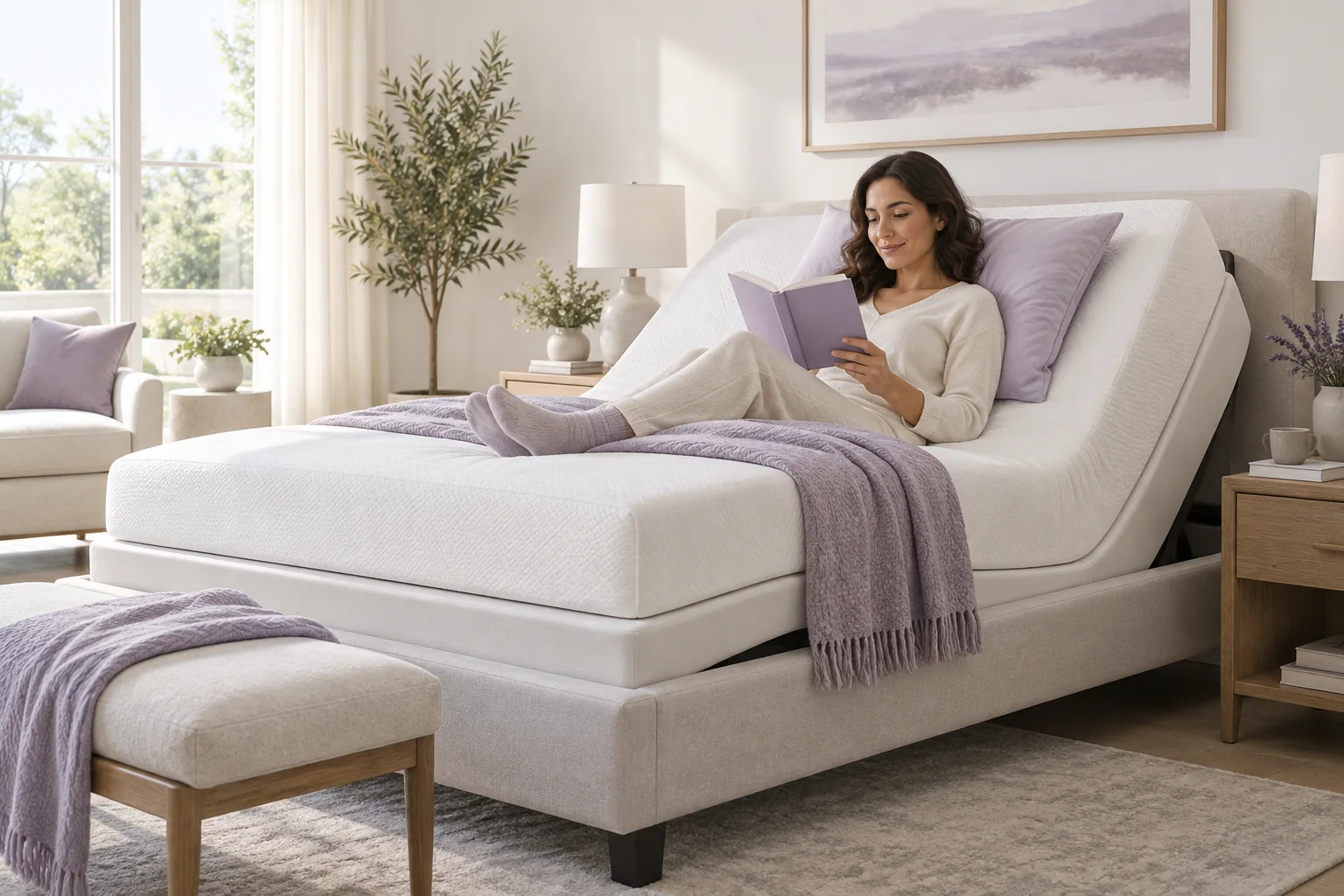 Woman reading comfortably on a raised adjustable bed