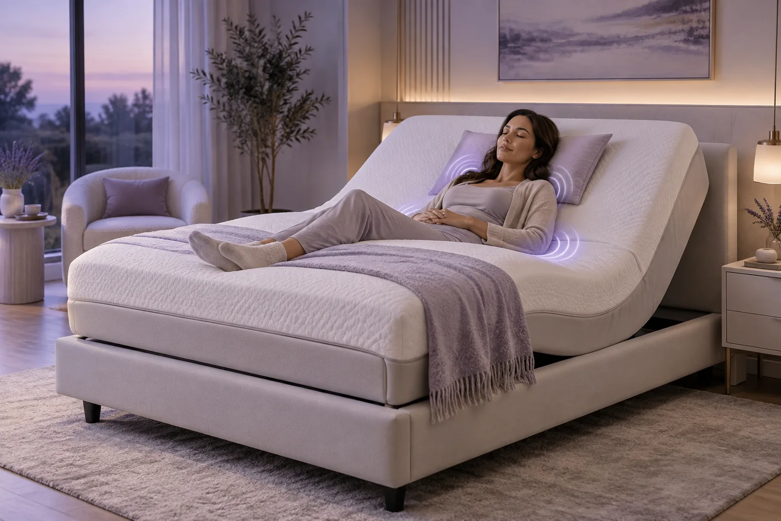 Woman relaxing with the smart bed massage mode