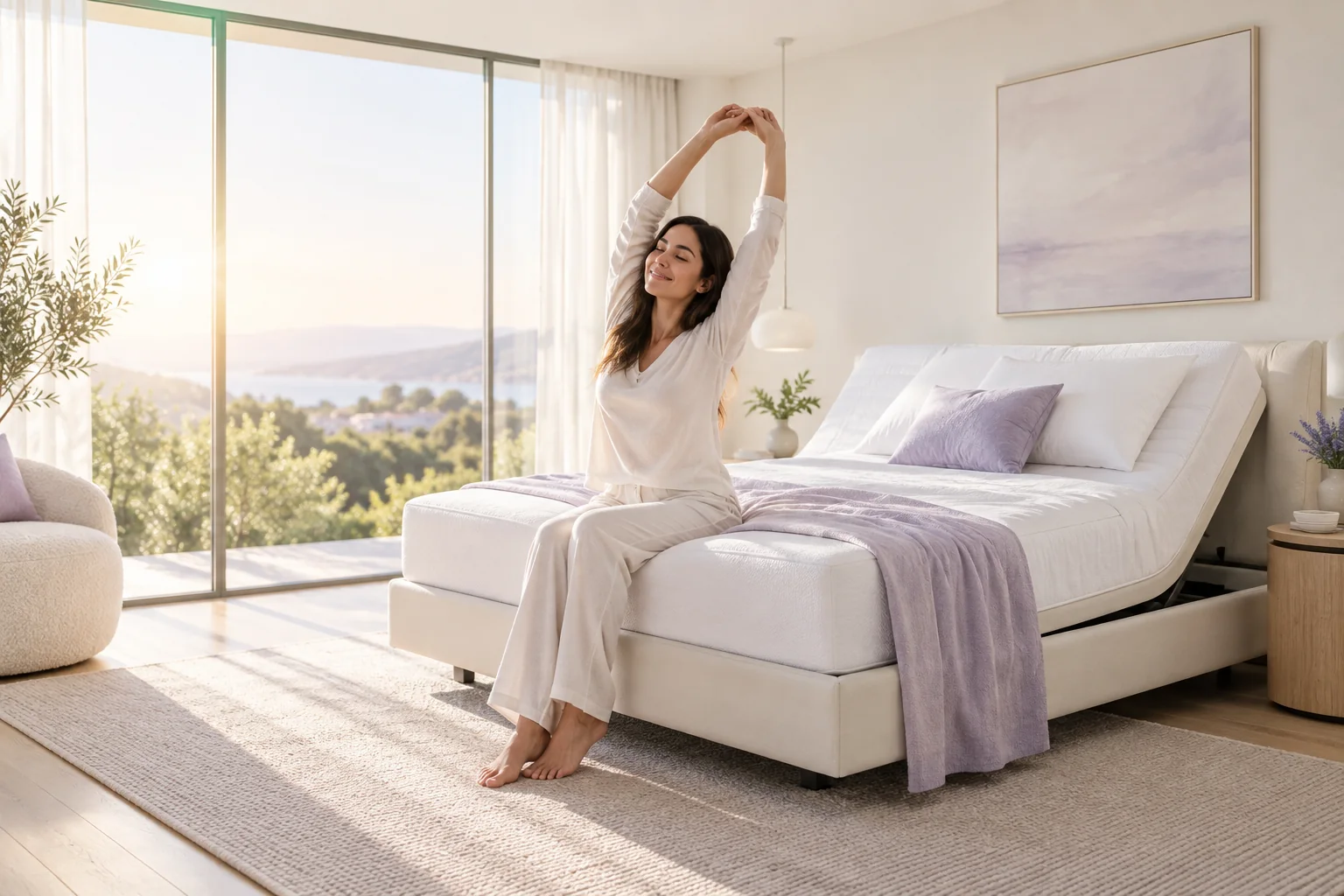 Woman waking refreshed and stretching on an adjustable bed